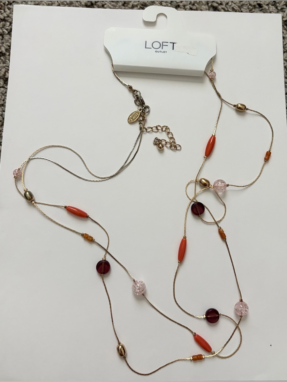 LOFT Long Gold-Tone Layered Necklace with Pink, Orange & Burgundy Beads